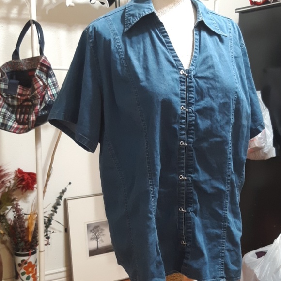 Womens Blue Denim button up shirt sz 20 Stretch B3 collared shortsleeve - Picture 2 of 7
